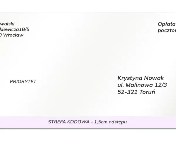Koperta z dopiskiem na kopercie: Jan Kowalski, Wrocław; Krystyna Nowak, Toruń; PRIORYTET; Opłata pocztowa; STREFA KODOWA.