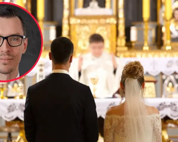 Mężczyzna w okularach obok pary młodej przed ołtarzem. Czy można wziąć ślub kościelny więcej niż raz?