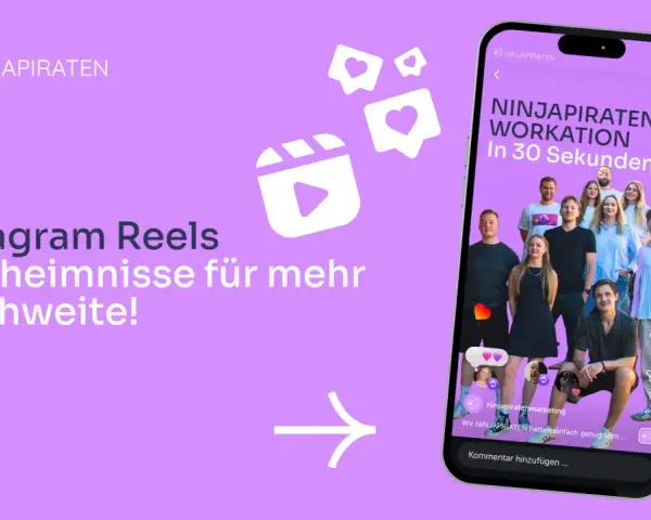 Instagram Reel-Symbol und ein Smartphone mit einer Gruppe von Menschen und Text.
