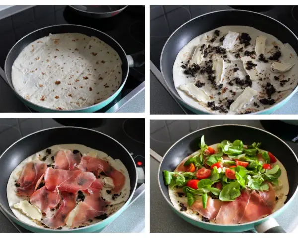 Przygotowanie piadiny z serem brie, oliwkami i szynką parmeńską, a na koniec dodatek świeżej sałatki i pomidorków.