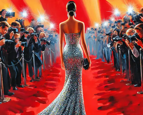Eine Frau in einem glitzernden Kleid schreitet über den roten Teppich, umgeben von Blitzlichtgewittern und Fotografen. Ein glamouröser gala abend.