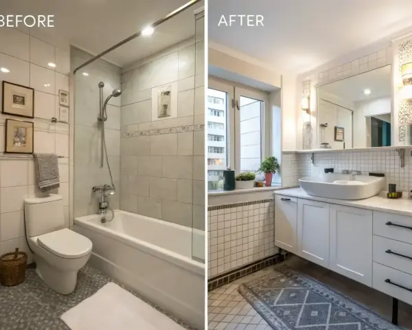 Före och efter-bild på ett badrum. Det nya badrummet har en modern känsla med ett stilrent handfat och vita skåp. Takskivor badrum är en del av den nya designen.