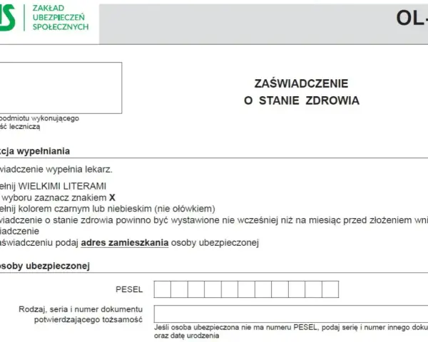 Formularz ZUS OL-9: zaświadczenie o stanie zdrowia, potrzebne do uzyskania orzeczenia o niepełnosprawności. Wypełnia lekarz.