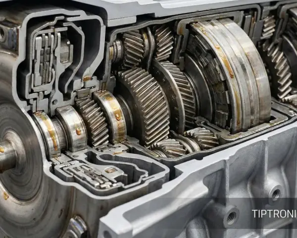 Przekładnia multitronic Audi w przekroju, ukazująca skomplikowany mechanizm kół zębatych i sprzęgła. Klasyka inżynierii.