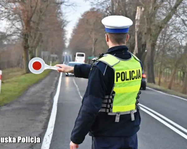 Policjant w kamizelce odblaskowej zatrzymuje ruch, by sprawdzić, ile promili ma kierowca.