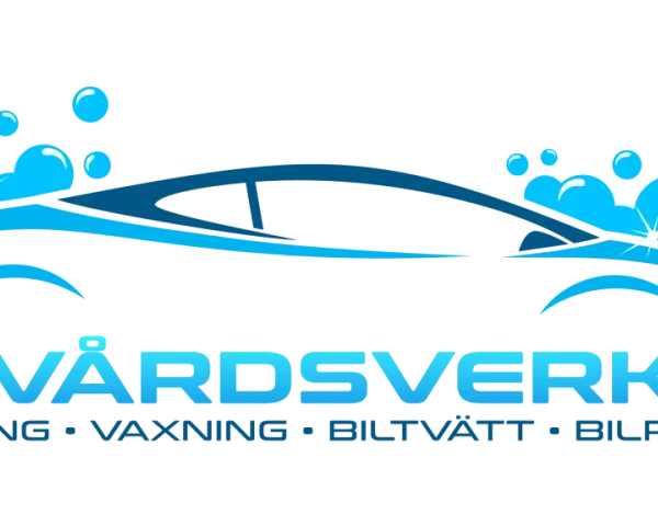 Bilvårdsverket: Polering, vaxning, biltvätt och bilrekond. Logotyp med en stiliserad bil och bubblor.