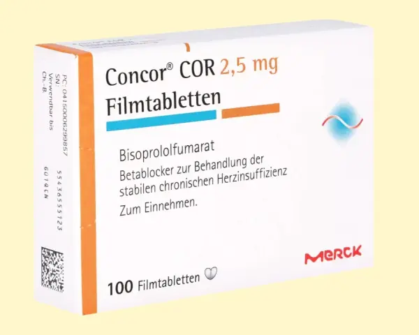 Opakowanie leku Concor Cor 2,5 mg, zawierające 100 tabletek. Stosowany w leczeniu niewydolności serca.