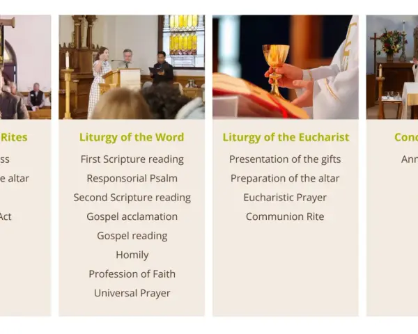 A visual guide to liturgy, detailing its four parts: Introductory Rites, Liturgy of the Word, Liturgy of the Eucharist, and Concluding Rites.