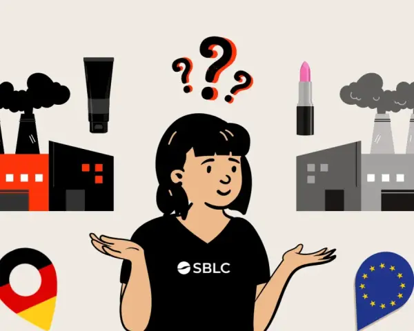 Frau mit Fragezeichen überlegt zwischen Fabriken, Kosmetikprodukten, Deutschland- und EU-Symbolen.