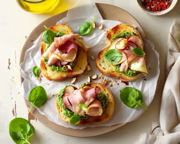 Pyszne kanapki z chrupiącą grzanką, aromatycznym pesto na kanapki, wędliną i świeżą bazylią.