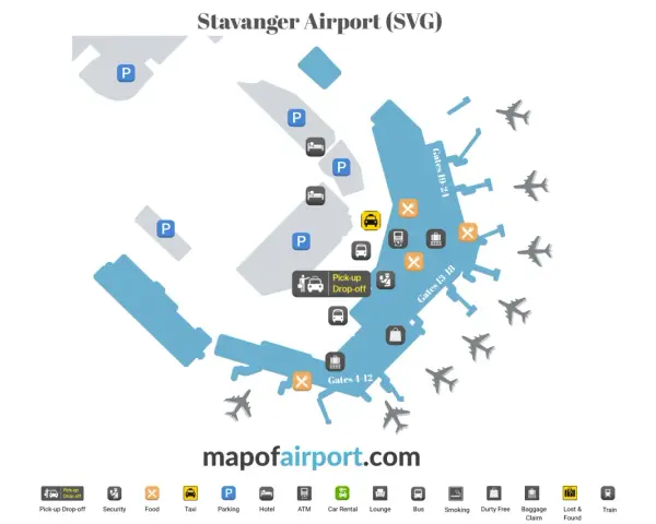 Plan lotniska Stavanger (SVG) z zaznaczonymi parkingami, bramkami, punktami odbioru/odwozu, hotelami i innymi udogodnieniami.