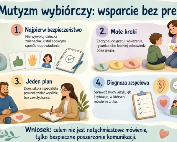 Ilustracja przedstawia cztery kroki wsparcia dla dzieci z mutyzmem wybiórczym: bezpieczeństwo, małe kroki, wspólny plan i diagnoza.