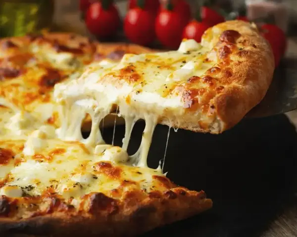 Gorąca pizza z ciągnącym się serem, idealna do pizzy, z pomidorami w tle.
