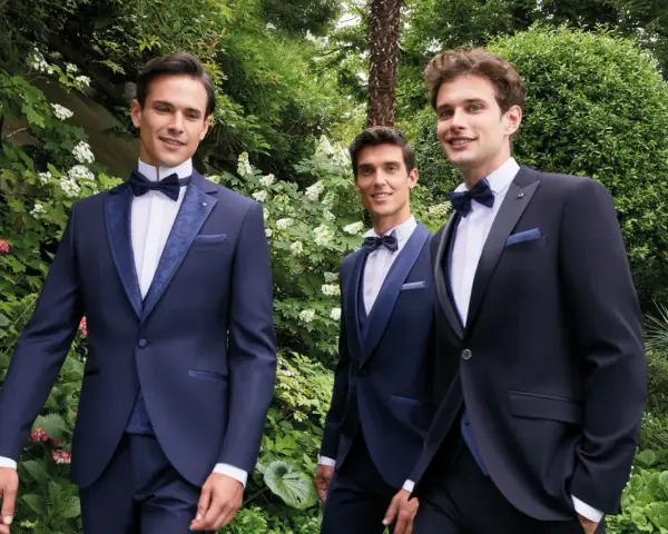 Tre eleganti sposo e testimoni in abiti scuri, sorridono in un giardino lussureggiante.