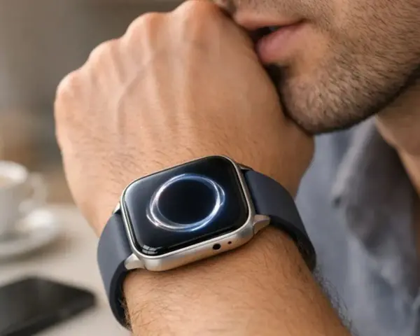 Mężczyzna zamyślony, z dłonią przy ustach, nosi smartwatch z funkcją esim. Elegancki gadżet na nadgarstku.