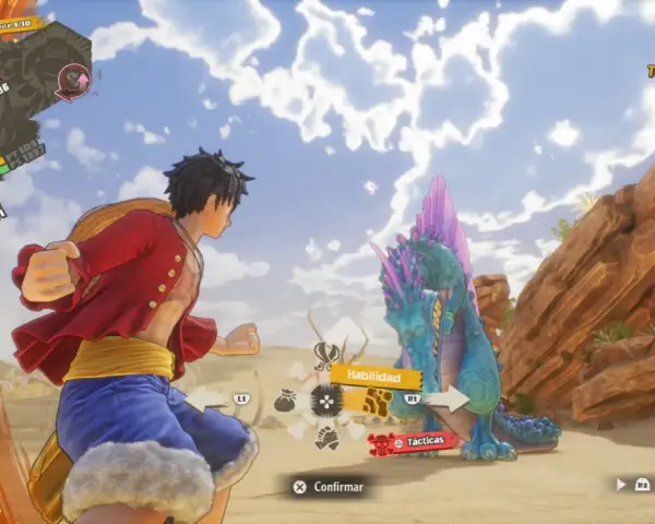 Luffy se enfrenta a un dragón en One Piece Odyssey. El turno 3 del combate está activo.