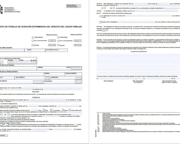 Contrato de trabajo de empleada de hogar. Detalla cuánto cuesta dar de alta a una empleada de hogar, incluyendo datos del empleador, trabajador y cláusulas.