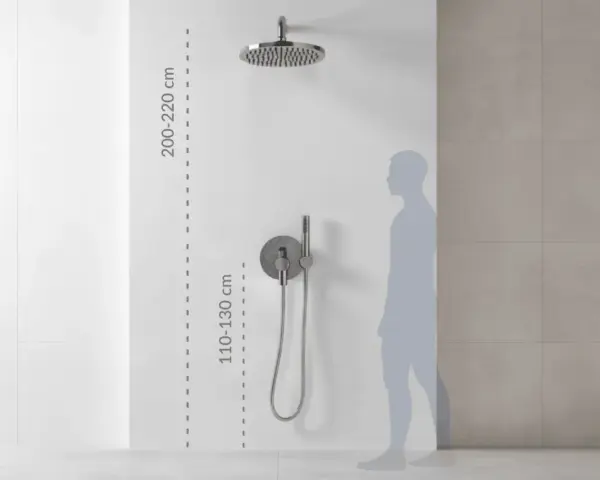 Wysokość baterii wannowej: deszczownica 200-220 cm, panel sterujący 110-130 cm. Idealne dopasowanie do wzrostu.