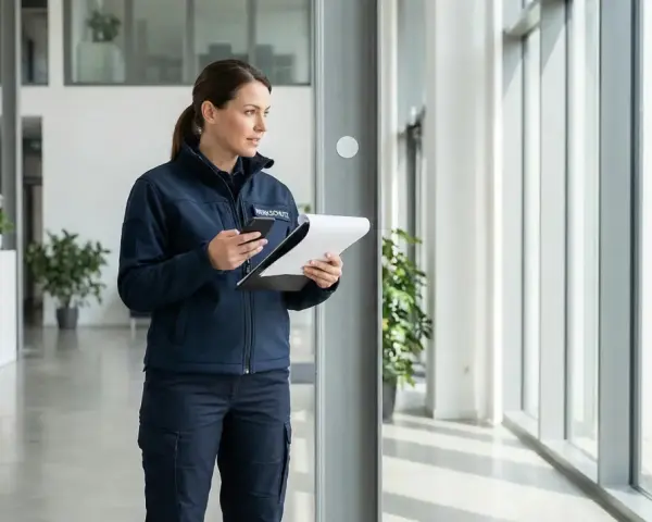Sicherheitsmitarbeiterin mit Klemmbrett und Handy, bereit für ihre 12-Stunden-Schicht im Sicherheitsgewerbe.