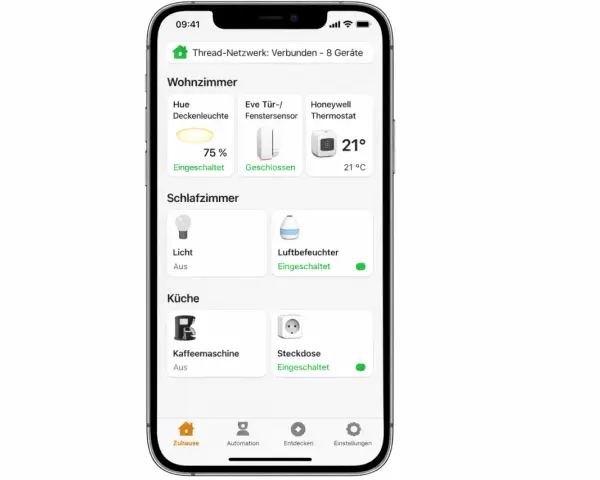 Smart Home App zeigt Geräte in verschiedenen Räumen. Die Hue Deckenleuchte ist eingeschaltet, der Thermostat zeigt 21 Grad. Ein Beispiel für die Organisation von Geräten, die man mit Apple Home steuern kann.
