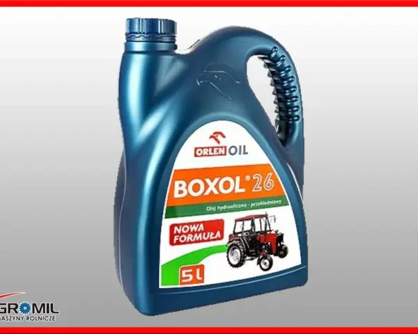 Niebieski kanister oleju hydrauliczno-przekładniowego Boxol 26 Orlen Oil z wizerunkiem traktora.