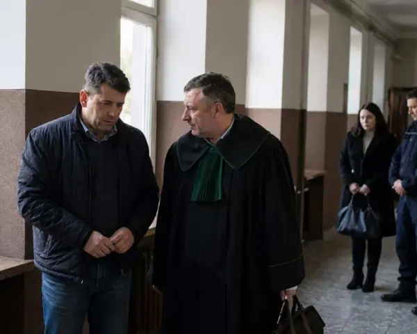 Mężczyzna w todze prawniczej rozmawia z oskarżonym. W tle policjant i kobieta, być może świadkowie w sprawie o znęcanie.
