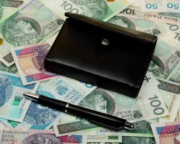 Czarny portfel i długopis leżą na stosie polskich banknotów.
