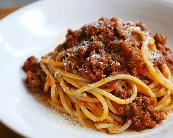Pyszne spaghetti bolognese z bogatym sosem mięsnym i startym parmezanem na białym talerzu.