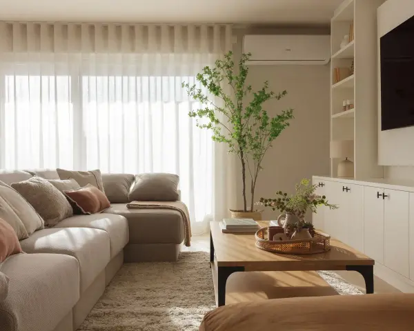 Acogedora distribución salón con sofá modular, mesa de centro de madera, alfombra mullida y planta decorativa.