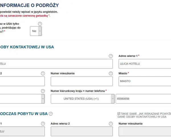 Formularz podróżny do USA. Wpisz dane kontaktowe i adres pobytu. Sprawdź do usa bez wizy warunki.