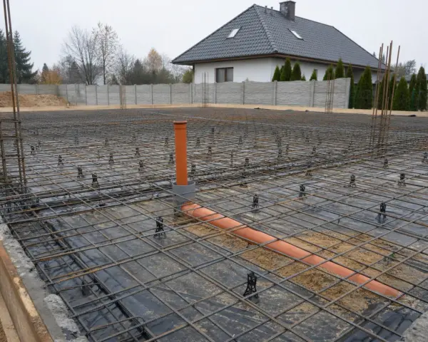 Przygotowania do wylania fundamentu tradycyjnego: zbrojenie, folia izolacyjna i rury kanalizacyjne.