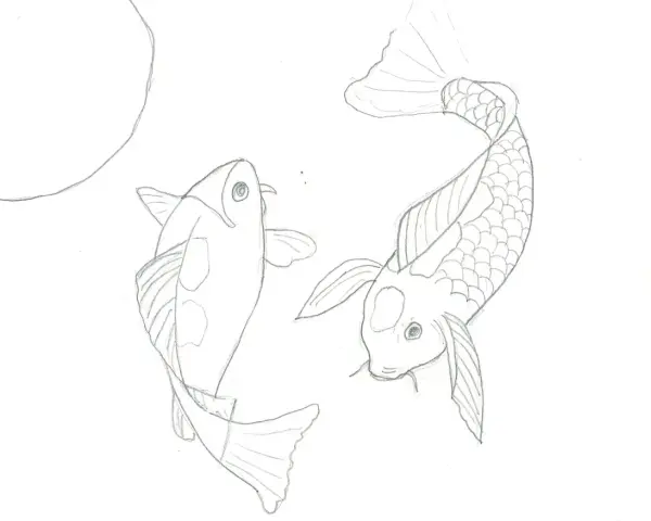 Två koi-karpar i blyerts, redo att måla fisk. En svagt böjd linje antyder en bubbla eller en vattenyta.