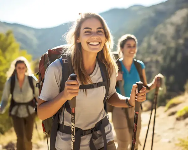 Uśmiechnięte kobiety podczas trekkingu w górach, cieszące się wędrówką.