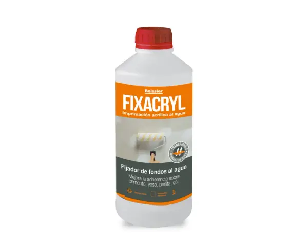 Botella de Fixacryl, imprimación acrílica al agua. Ideal para mejorar adherencia en cemento, yeso, perlita y cal. Transpirable y resistente a álcalis.