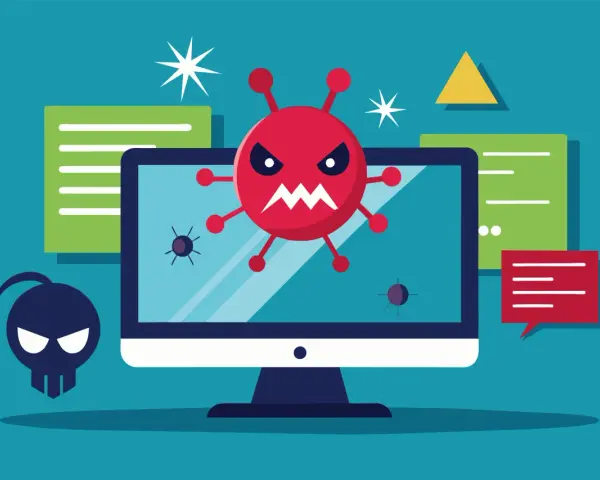 Un virus de internet ataca un ordenador. Un monstruo rojo con cara de enfado sale de la pantalla, mientras un skull hacker acecha.