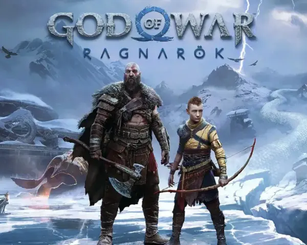 Kratos y Atreus se preparan para la aventura en los yermos de God of War Ragnarök, un paisaje helado con un dragón serpenteante.