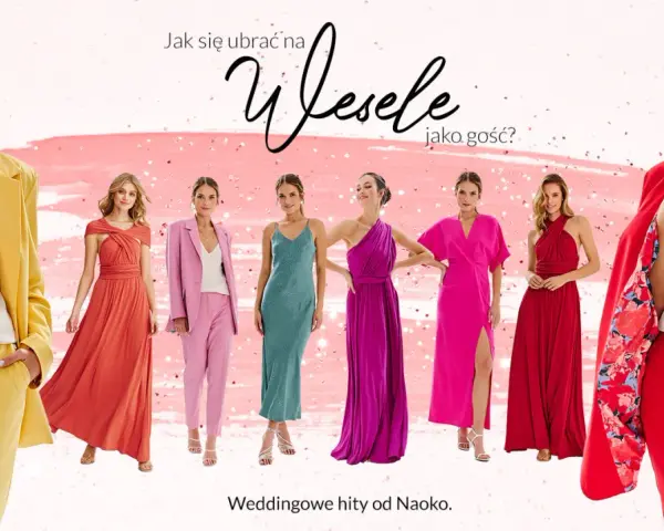 Eleganckie stylizacje na wesele dla gości: kolorowe sukienki i garnitury. Inspiracje na ślubne kreacje.
