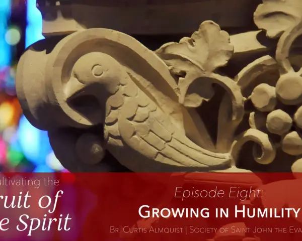 Stone carving of a bird and grapes, with text "Growing in Humility" and "Is humility a fruit of the spirit?