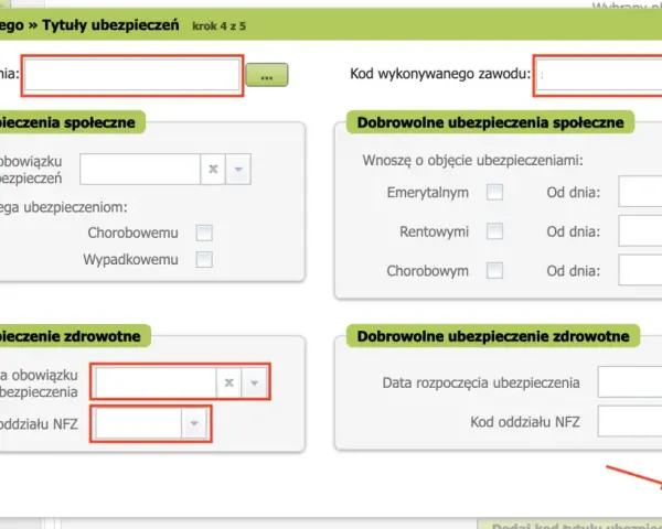 Formularz zgłoszenia ubezpieczonego. Wpisz kod tytułu ubezpieczenia i kod oddziału NFZ.