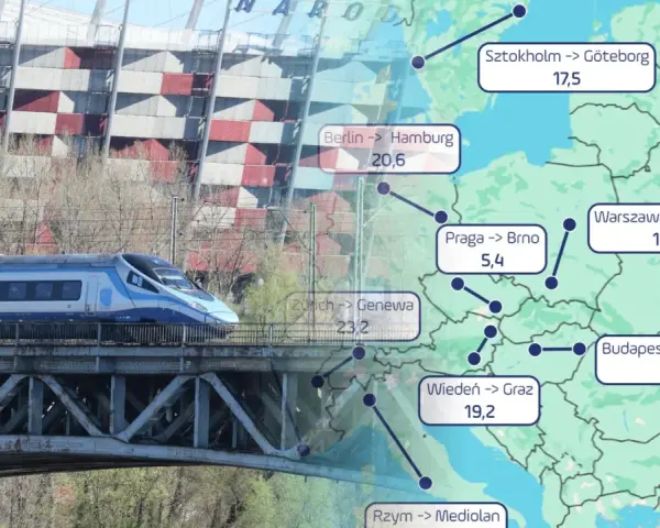 Pociąg Intercity na moście, w tle Stadion Narodowy i mapa Europy z trasami kolejowymi.