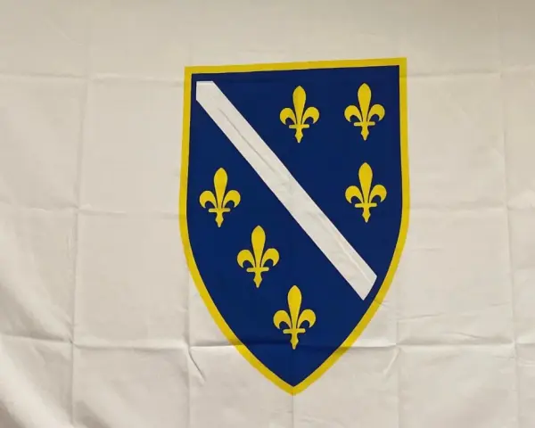 Flaga Bośni i Hercegowiny z niebieskim polem, żółtymi liliami i białym pasem.