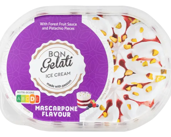 Pyszne lody w Lidlu o smaku mascarpone z sosem owocowym i pistacjami. Idealne na deser.