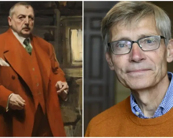 En målning av en man i orange kostym, bredvid ett porträtt av en man med glasögon. Kanske en anders zorn film?