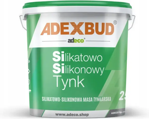 Wiadro z zielonym tynkiem silikatowo-silikonowym ADEXBUD. Idealny do elewacji, zapewnia trwałość i estetykę.