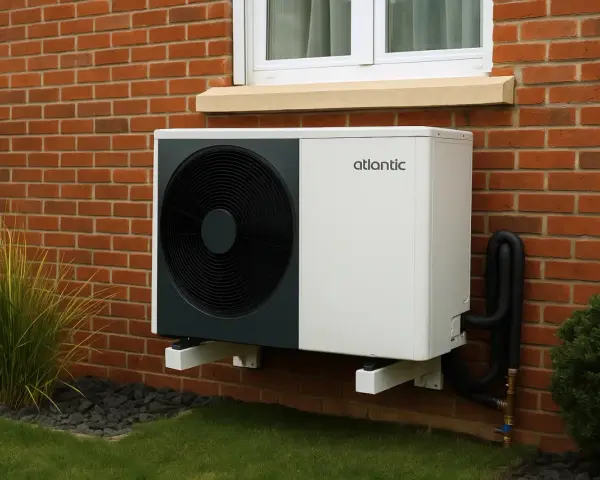 Une pompe à chaleur monobloc Atlantic, fixée au mur de briques d'une maison, avec des tuyaux noirs et un ventilateur visible.