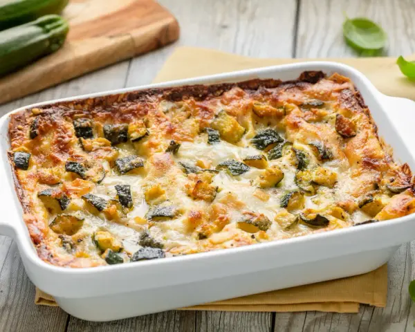 Lasagne di zucchine appena sfornate, dorate e filanti, con zucchine a cubetti e formaggio fuso.