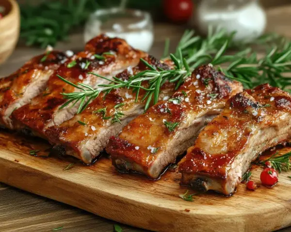 Costillas de cerdo al horno, glaseadas y con romero, servidas en tabla de madera.