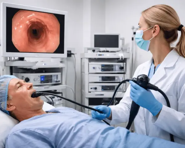 Lekarz wykonuje gastroskopię pacjentowi, obraz z endoskopu widoczny na monitorze.