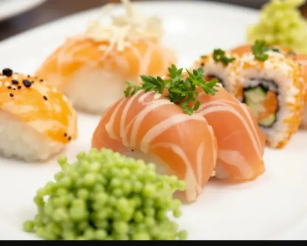 Talerz z różnorodnym nigiri sushi z łososiem, posypane sezamem i ozdobione natką pietruszki. Obok porcja zielonego wasabi.