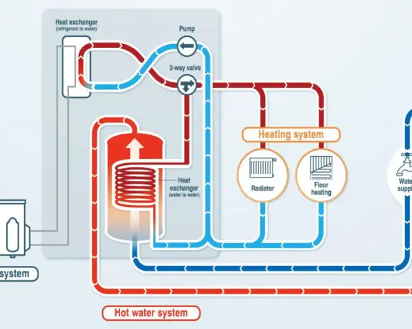 Schemat podłączenia pompy ciepła Panasonic: system chłodniczy, wymienniki ciepła, ogrzewanie (radiator, podłogowe) i ciepła woda.